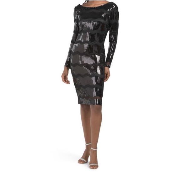 Anthro NANETTE LEPORE Black Wavy Sequin Striped Long Sleeve Dress - Picture 5 of 16
